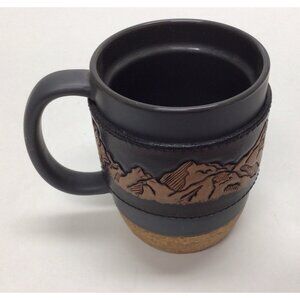 Dowan Coffee Mug 15 OZ Ceramic Cork Removable Leather Tooled Wrap NEW Mountains